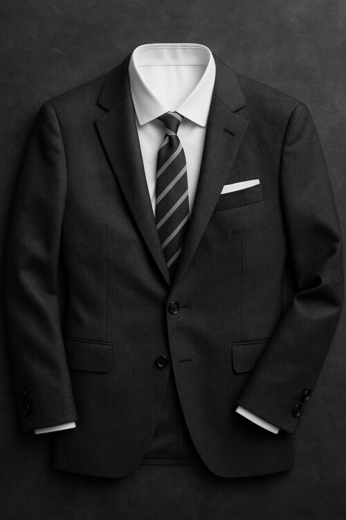 Luxury men’s suit ensemble flat lay black – GoGentleman