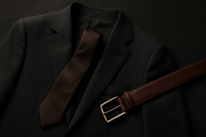 Elegant suit with brown accessories.