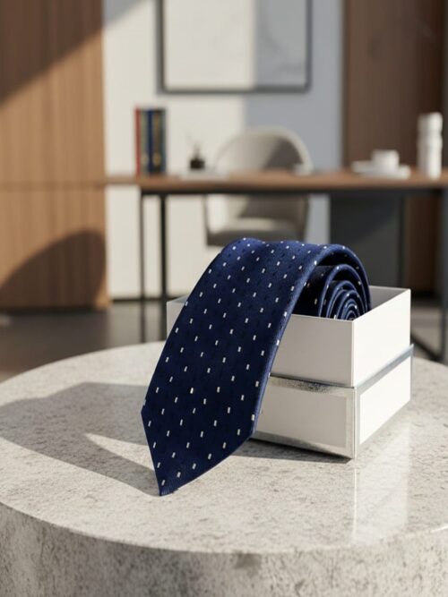 Premium Navy Blue Silk Tie with White Micro-Geometric Pattern for Mens