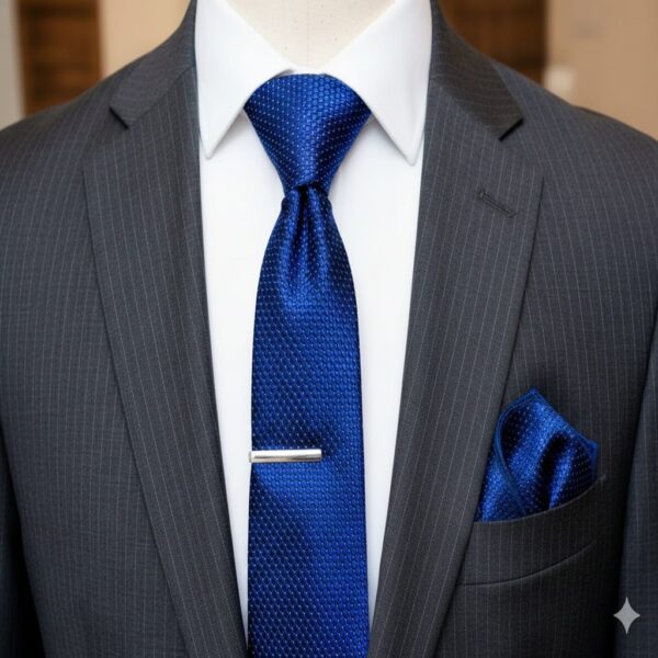 Men's Royal Blue Textured Silk Tie with Matching Pocket Square